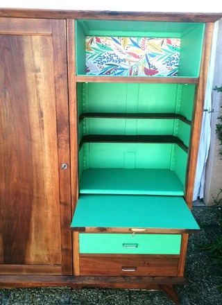 Armoire penderie et secrétaire vintage bois et vert émeraude 