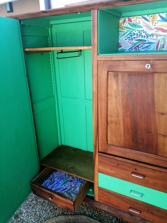 Armoire penderie et secrétaire vintage bois et vert émeraude 