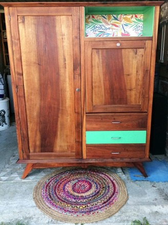 Armoire penderie et secrétaire vintage bois et vert émeraude 