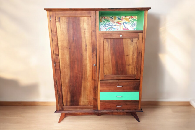 Armoire penderie et secrétaire vintage bois et vert émeraude 