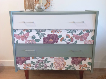 Vente avec paiement en ligne: Commode vintage 4 tiroirs vert gris