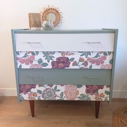 Vente avec paiement en ligne: Commode vintage 4 tiroirs vert gris