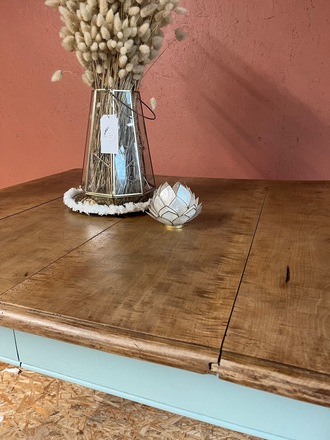 Table de ferme carrée en poirier et vert de gris
