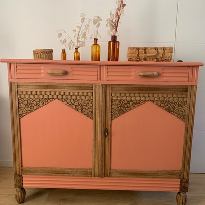 Vente avec paiement en ligne: Buffet bois sculpté couleur corail
