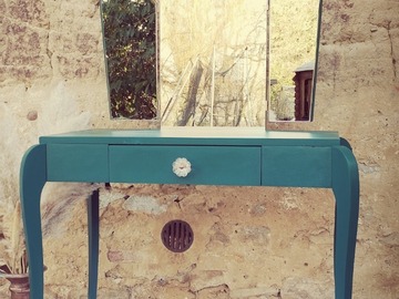 Vente avec paiement en ligne: Coiffeuse années 50 vert émeraude et miroirs triptyque 