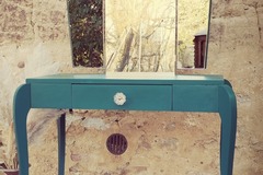 Vente avec paiement en ligne: Coiffeuse années 50 vert émeraude et miroirs triptyque 