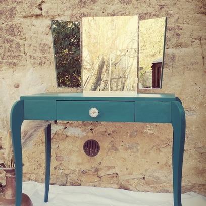 Vente avec paiement en ligne: Coiffeuse années 50 vert émeraude et miroirs triptyque 