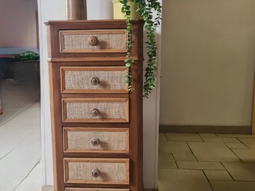 Vente avec paiement en ligne: Chevet 1900 chêne, toile de jute intérieur lin  