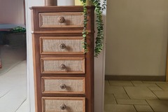 Vente avec paiement en ligne: Chevet 1900 chêne, toile de jute intérieur lin  