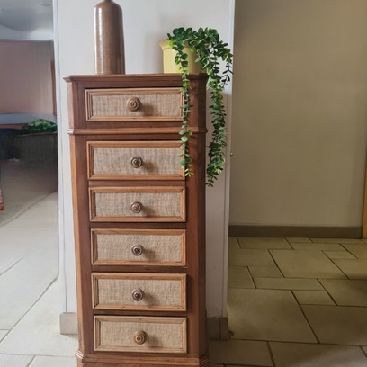Vente avec paiement en ligne: Chevet 1900 chêne, toile de jute intérieur lin  