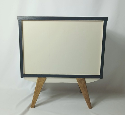 Meuble d'appoint pieds compas, gris, blanc et cannage paillé