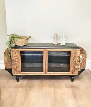 Buffet bas art déco bois, noir et étagère en verre