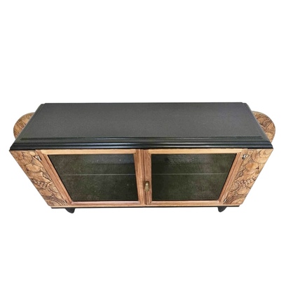 Buffet bas art déco bois, noir et étagère en verre