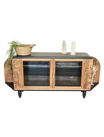 Buffet bas art déco bois, noir et étagère en verre