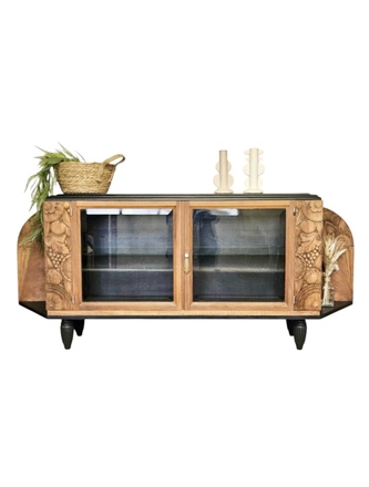 Buffet bas art déco bois, noir et étagère en verre