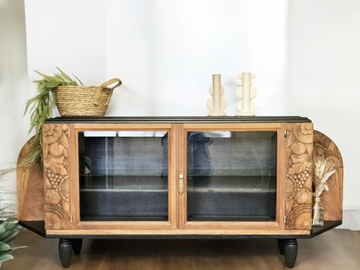 Vente avec paiement en ligne: Buffet bas art déco bois, noir et étagère en verre