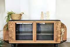 Vente avec paiement en ligne: Buffet bas art déco bois, noir et étagère en verre