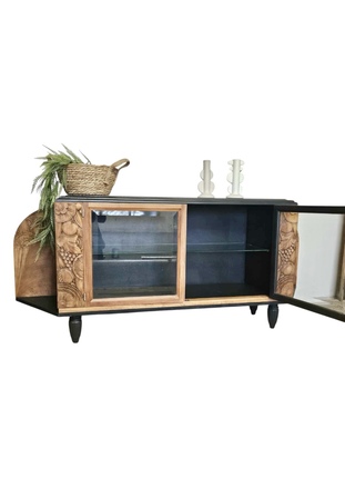 Buffet bas art déco bois, noir et étagère en verre
