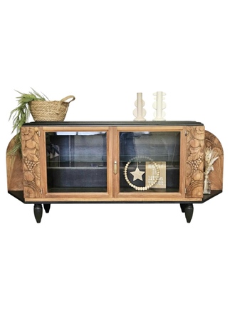 Buffet bas art déco bois, noir et étagère en verre