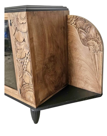 Buffet bas art déco bois, noir et étagère en verre
