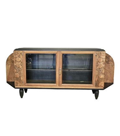 Buffet bas art déco bois, noir et étagère en verre