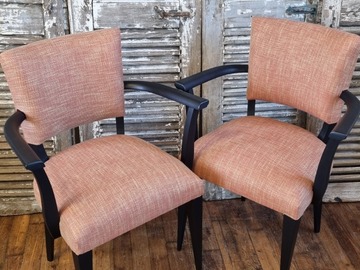 Vente avec paiement en ligne: Paire de fauteuils bridges retapissés rouge orangés