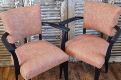 Vente avec paiement en ligne: Paire de fauteuils bridges retapissés rouge orangés