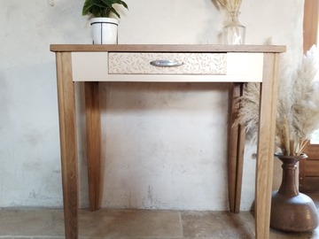 Vente avec paiement en ligne: Table d'appoint / bureau art déco avec tiroir bois et crème