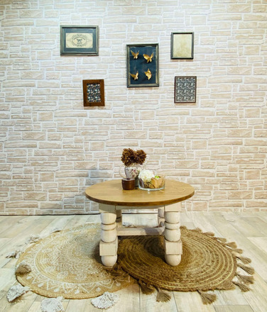 Table basse ronde blanche et bois 
