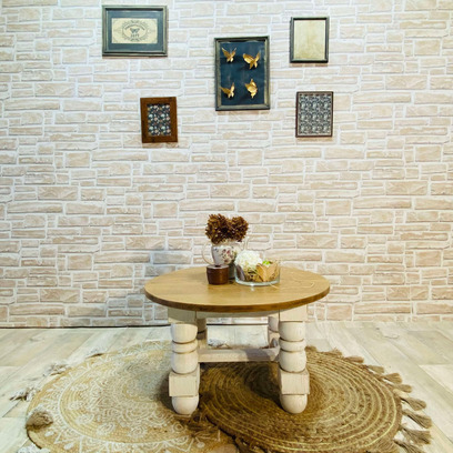 Vente avec paiement en ligne: Table basse ronde blanche et bois 