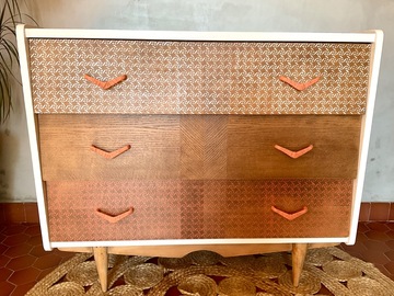 Vente avec paiement en ligne: Commode vintage 70 en chêne intérieur terracotta