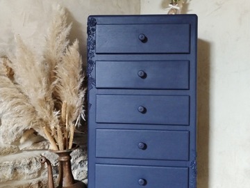 Vente avec paiement en ligne: Commode chiffonnier bleu foncé années 50 avec motifs floraux