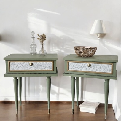 Vente avec paiement en ligne: Paire de chevets vintage Vert kaki & détails dorés 