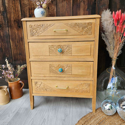 Vente avec paiement en ligne: Commode Art Déco vintage chêne clair restaurée "Maysilee"