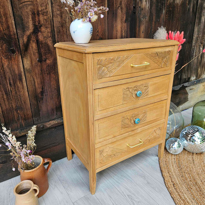 Vente avec paiement en ligne: Commode Art Déco vintage chêne clair restaurée "Maysilee"