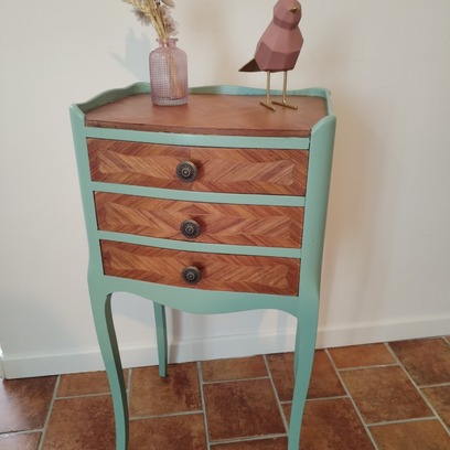 Vente avec paiement en ligne: Table de Chevet Marqueterie Vert Provence Peinte