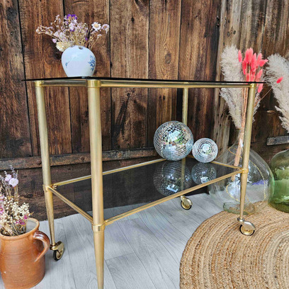 Vente avec paiement en ligne: Desserte Roulante Mid-Century Laiton Verre Fumé "Missandei"