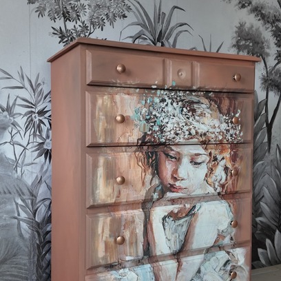 Vente avec paiement en ligne: Commode Chiffonnier terracotta 5 tiroirs "Pensive Girl"