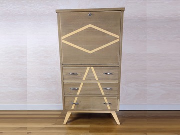 Vente avec paiement en ligne: Secrétaire vintage chêne plaqué pieds compas pêche