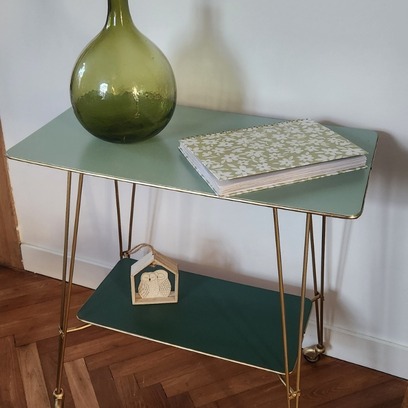 Vente avec paiement en ligne: Table roulante desserte vintage vert doré