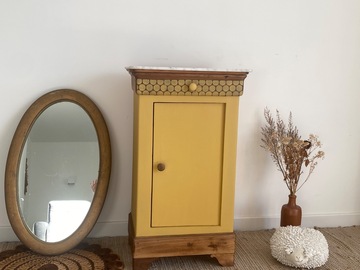 Vente avec paiement en ligne: Confiturier vintage jaune, marbre blanc, bois massif