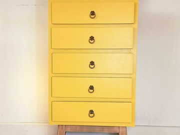 Vente avec paiement en ligne: Chiffonnier Vintage Jaune Rénové 5 Tiroirs