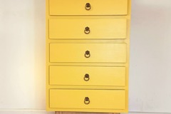 Vente avec paiement en ligne: Chiffonnier Vintage Jaune Rénové 5 Tiroirs