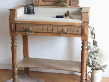 Vente avec paiement en ligne: Coiffeuse vintage rénovée bois miroir pivotant tiroir