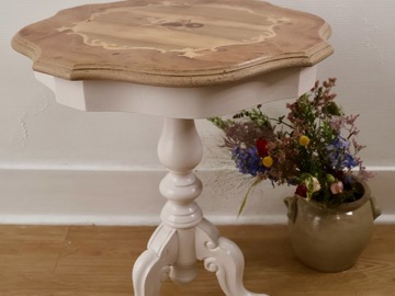 Vente avec paiement en ligne: Guéridon rond marqueterie blanc bois rénové