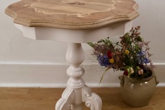 Vente avec paiement en ligne: Guéridon rond marqueterie blanc bois rénové