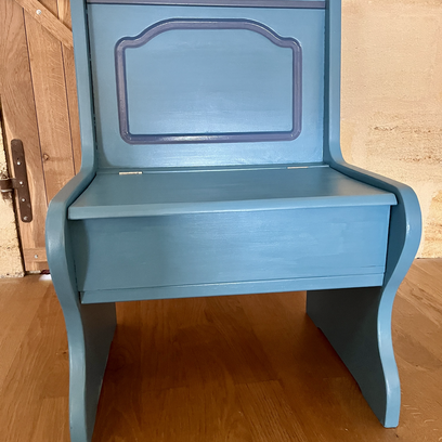 Vente avec paiement en ligne: Banquette coffre vintage bleu doux, coussins inclus