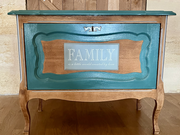 Vente avec paiement en ligne: Meuble bar vintage relooké tropical palmier eucalyptus