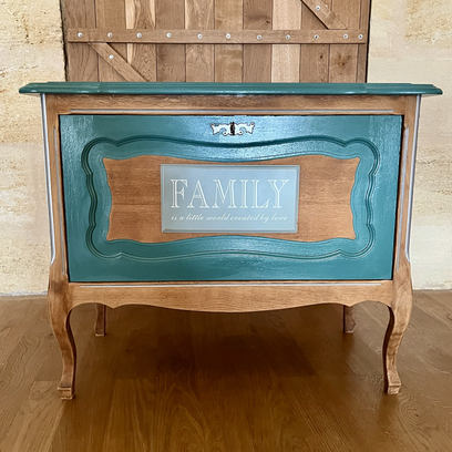 Vente avec paiement en ligne: Meuble bar vintage relooké tropical palmier eucalyptus