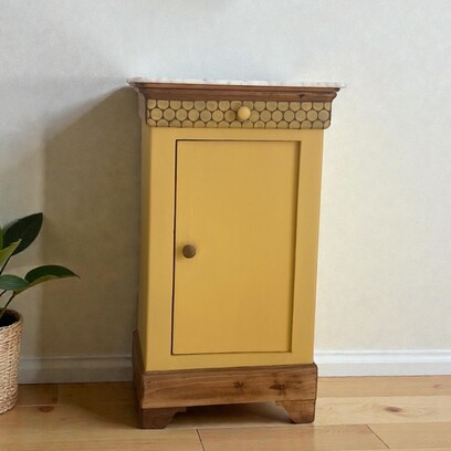 Vente avec paiement en ligne: Confiturier vintage jaune, marbre blanc, bois massif